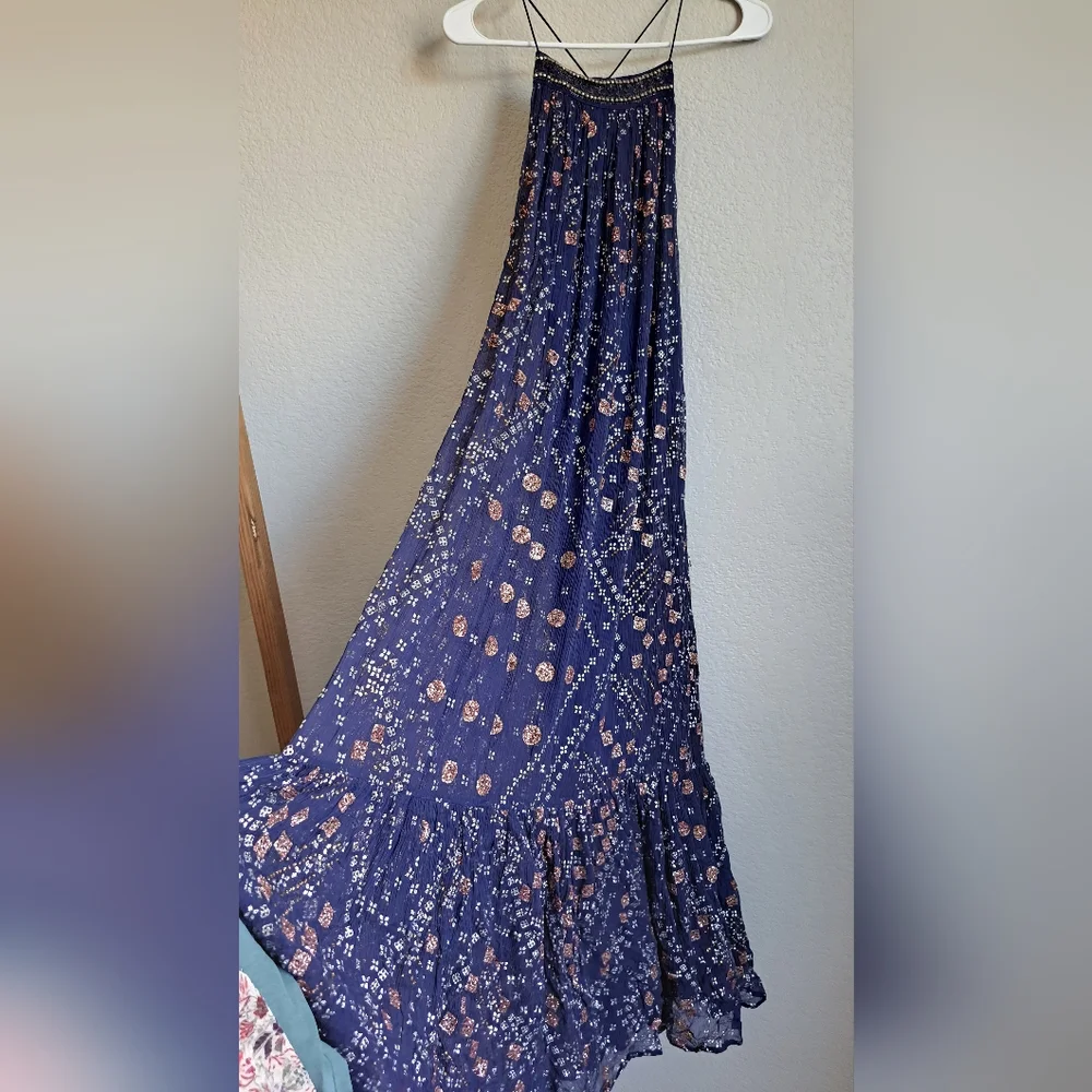 Free People Boho Strappy Beaded Glitter Open Back Maxi Dress Size XS